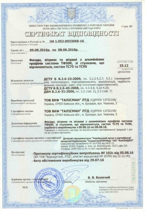 Сертифікат на системи ТФ50К і ТС 95, ТС 75